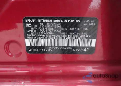 2019 Mitsubishi Outlander Sel z USA, uszkodzony, nr VIN JA4AD3A36KZ039560